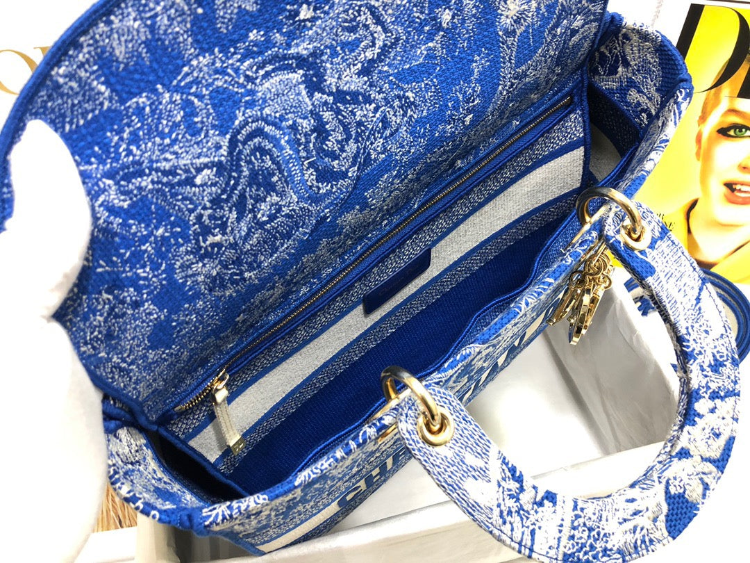 Dior Lady D-Lite Large Bag In Dark Blue Toile de Jouy Embroidery