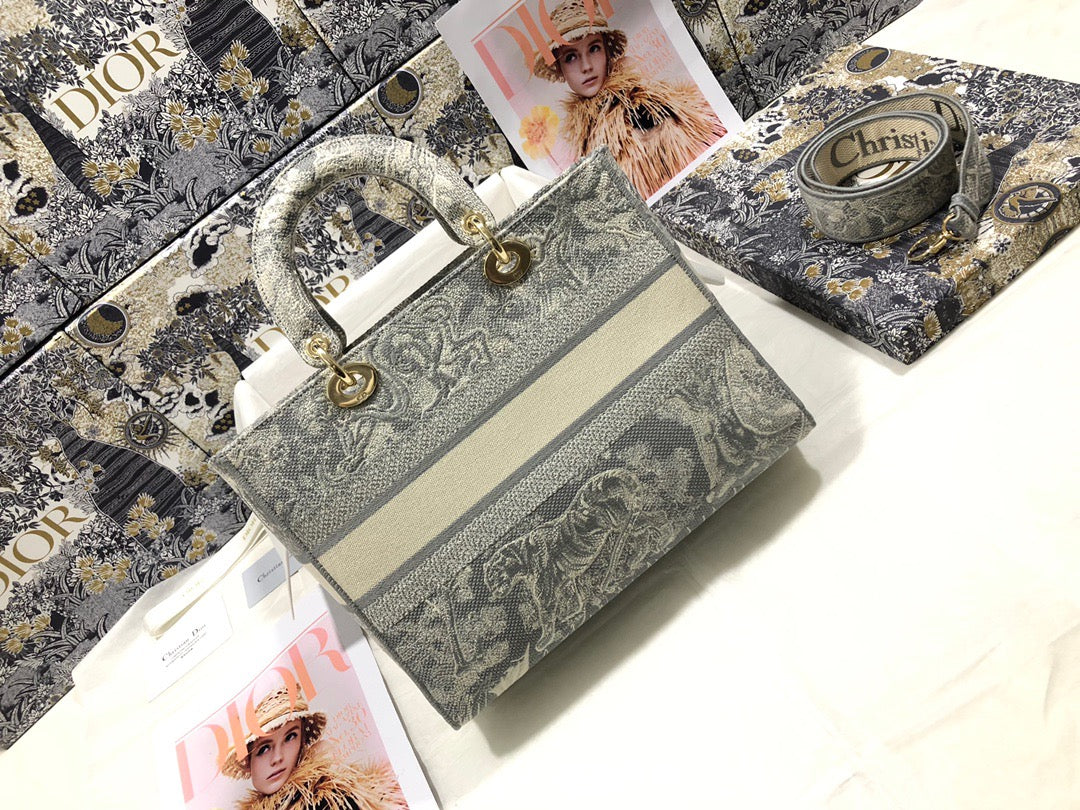 Dior Lady D-Lite Large Bag In Gray Toile de Jouy Embroidery