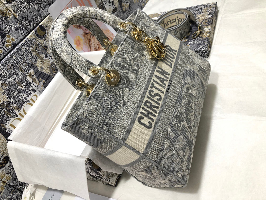 Dior Lady D-Lite Large Bag In Gray Toile de Jouy Embroidery