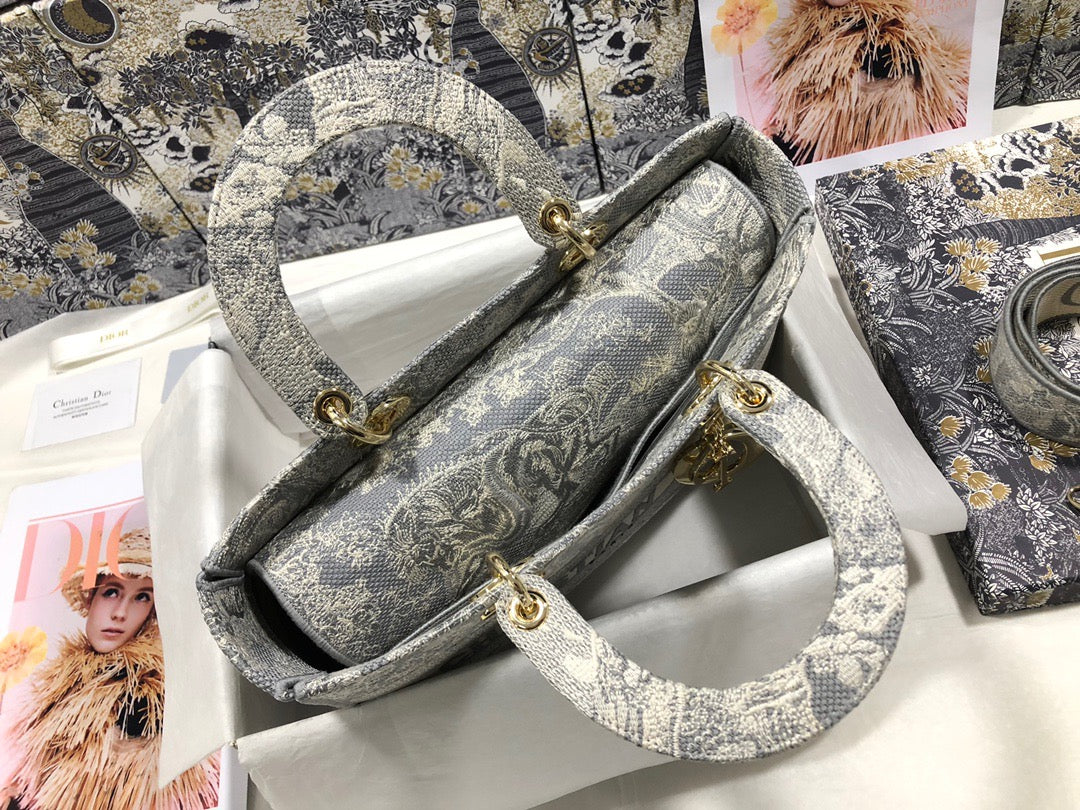 Dior Lady D-Lite Large Bag In Gray Toile de Jouy Embroidery