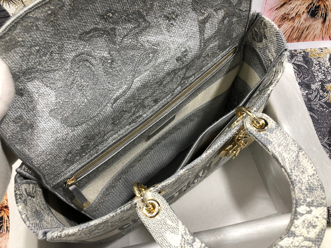 Dior Lady D-Lite Large Bag In Gray Toile de Jouy Embroidery