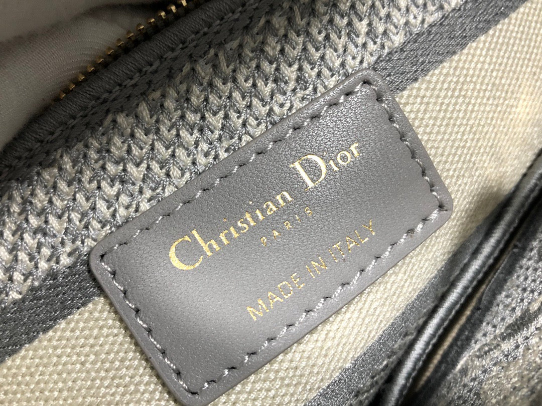 Dior Lady D-Lite Large Bag In Gray Toile de Jouy Embroidery