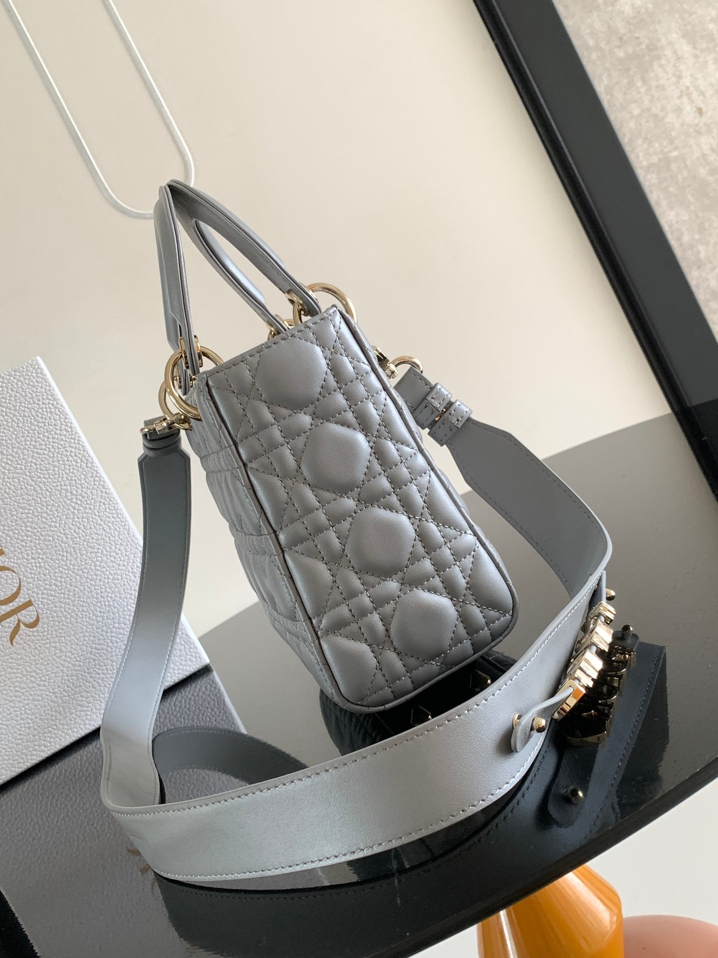 Dior Small Lady  Bag In Gray Cannage Lambskin