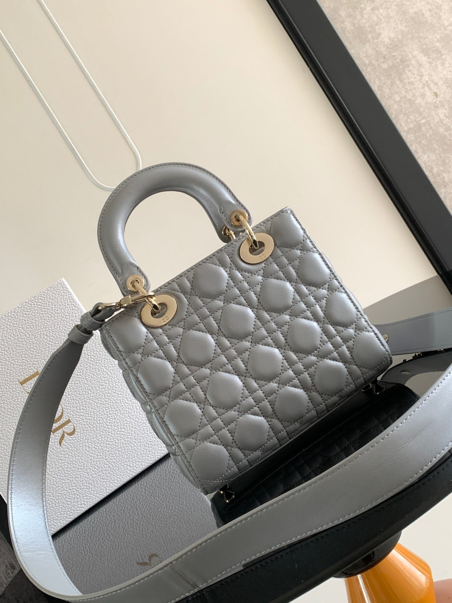 Dior Small Lady  Bag In Gray Cannage Lambskin