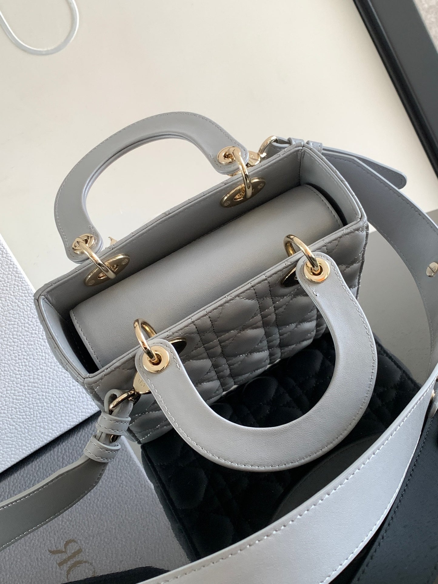 Dior Small Lady  Bag In Gray Cannage Lambskin