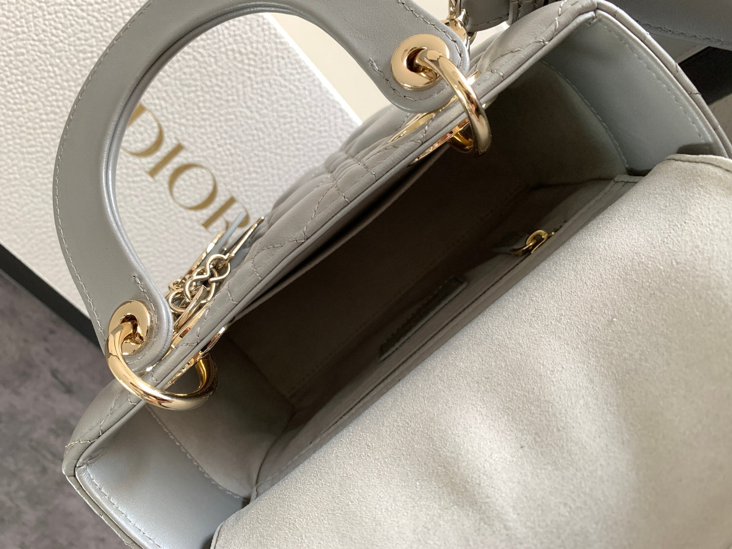 Dior Small Lady  Bag In Gray Cannage Lambskin