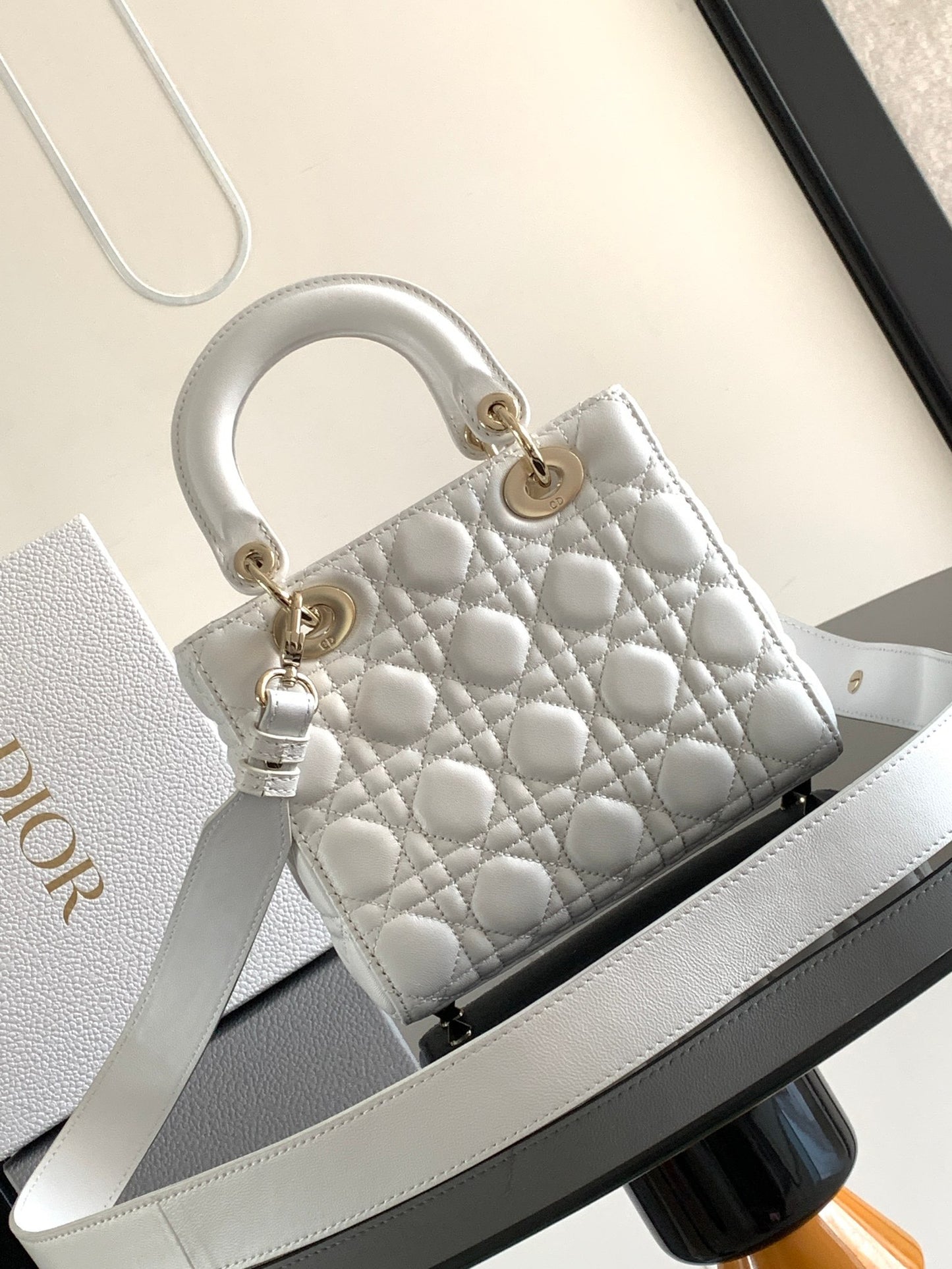 Dior Small Lady Bag In White Cannage Lambskin