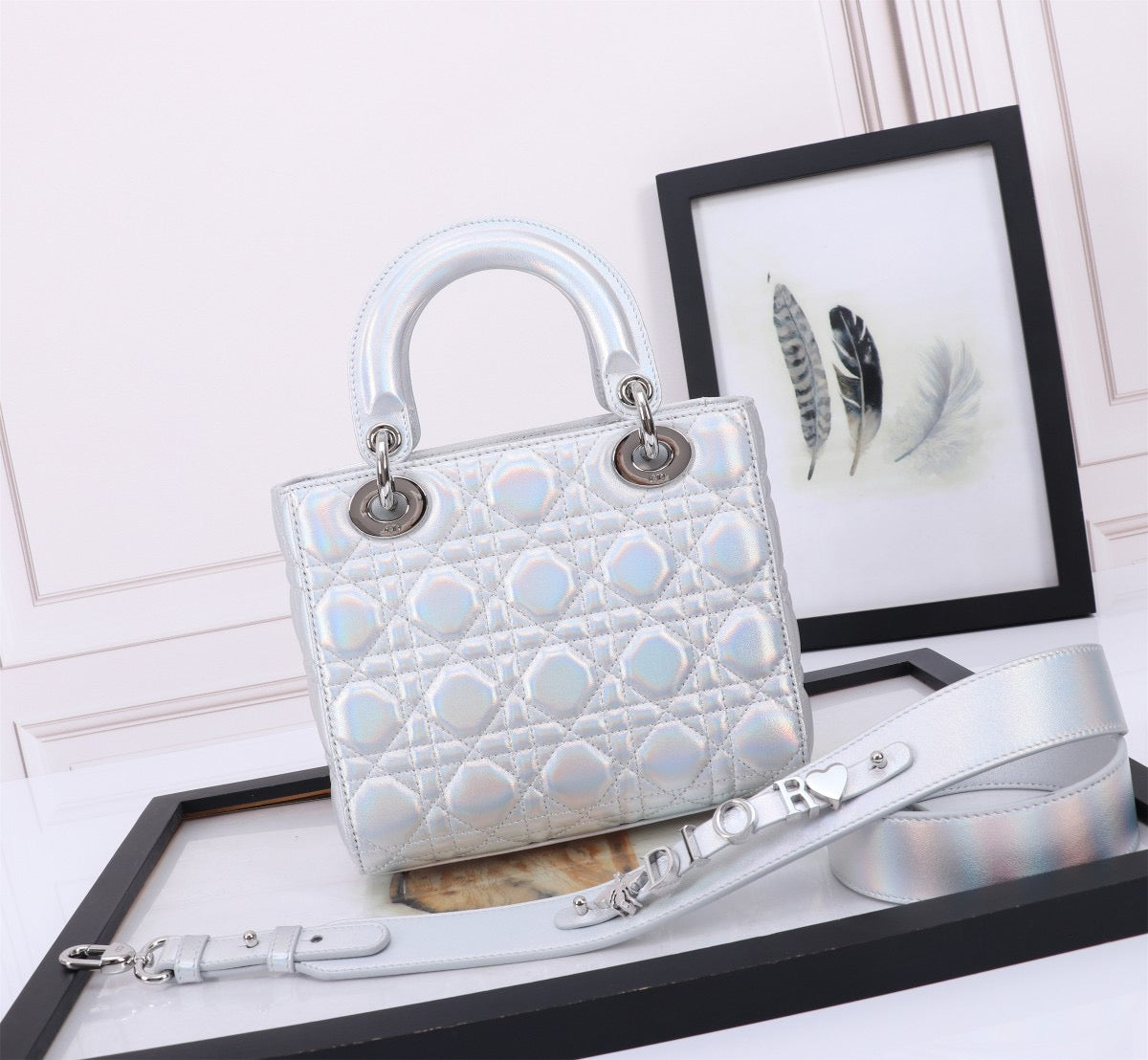 Dior Small Lady Bag In Silver White Cannage Lambskin