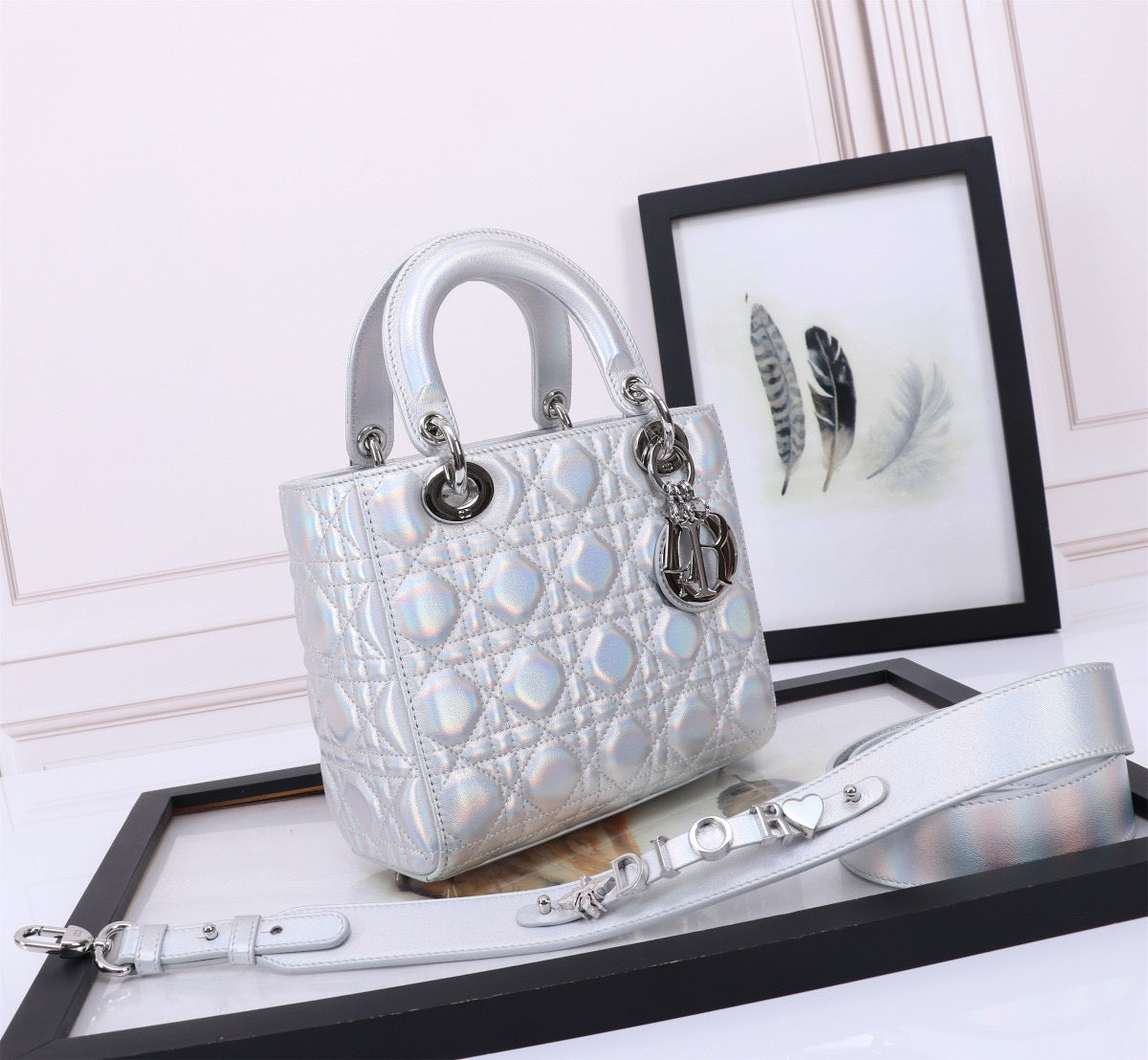 Dior Small Lady Bag In Silver White Cannage Lambskin