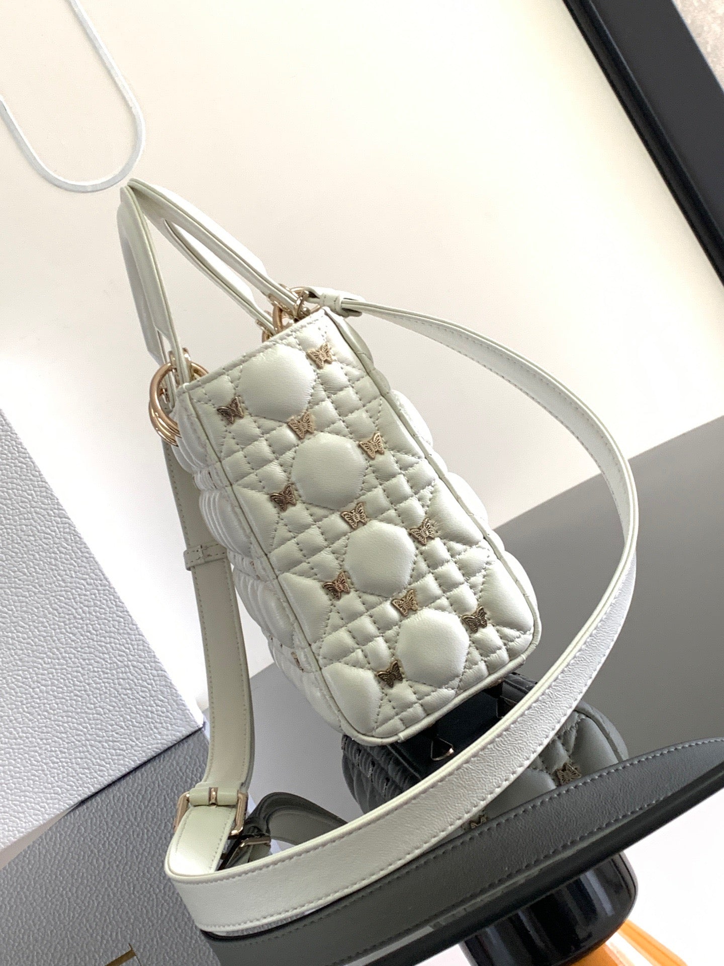 Dior Lady Dior Small Bag In White Calfskin with Diamond Motif