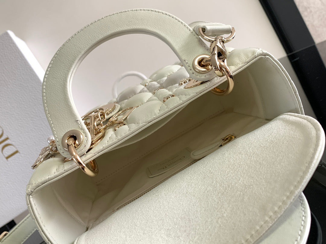 Dior Lady Dior Small Bag In White Calfskin with Diamond Motif