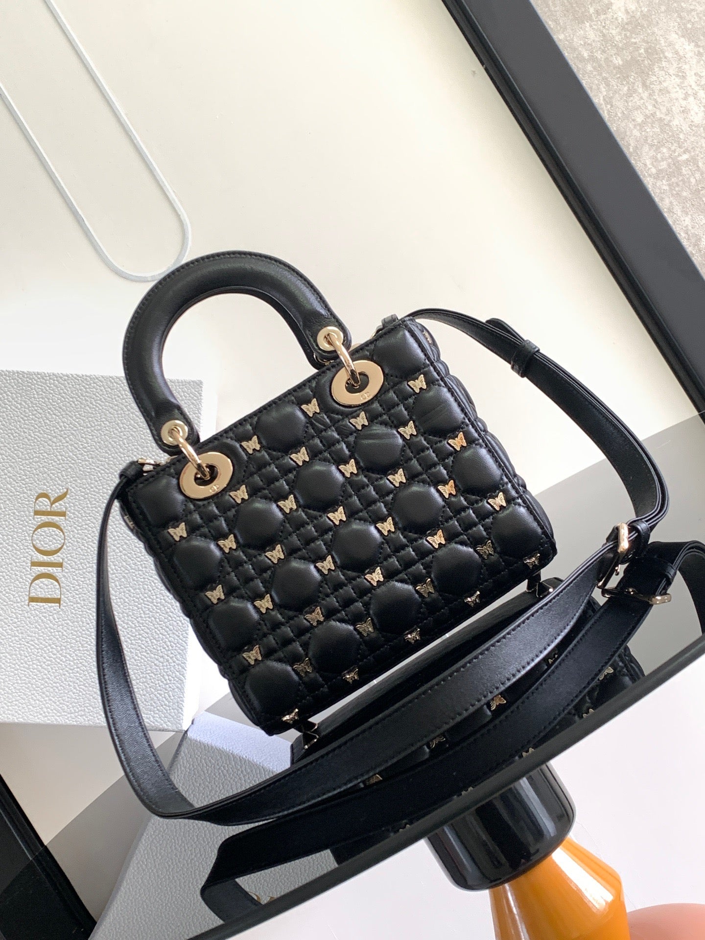 Dior Lady Dior Mini Bag In Black Calfskin with Diamond Motif