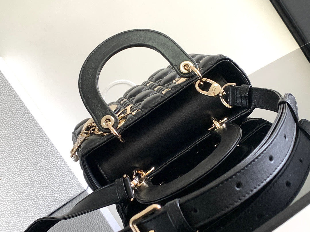 Dior Lady Dior Mini Bag In Black Calfskin with Diamond Motif