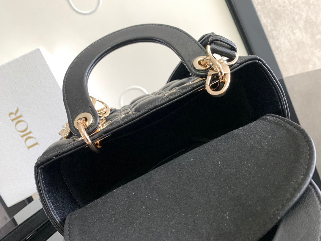 Dior Lady Dior Mini Bag In Black Calfskin with Diamond Motif