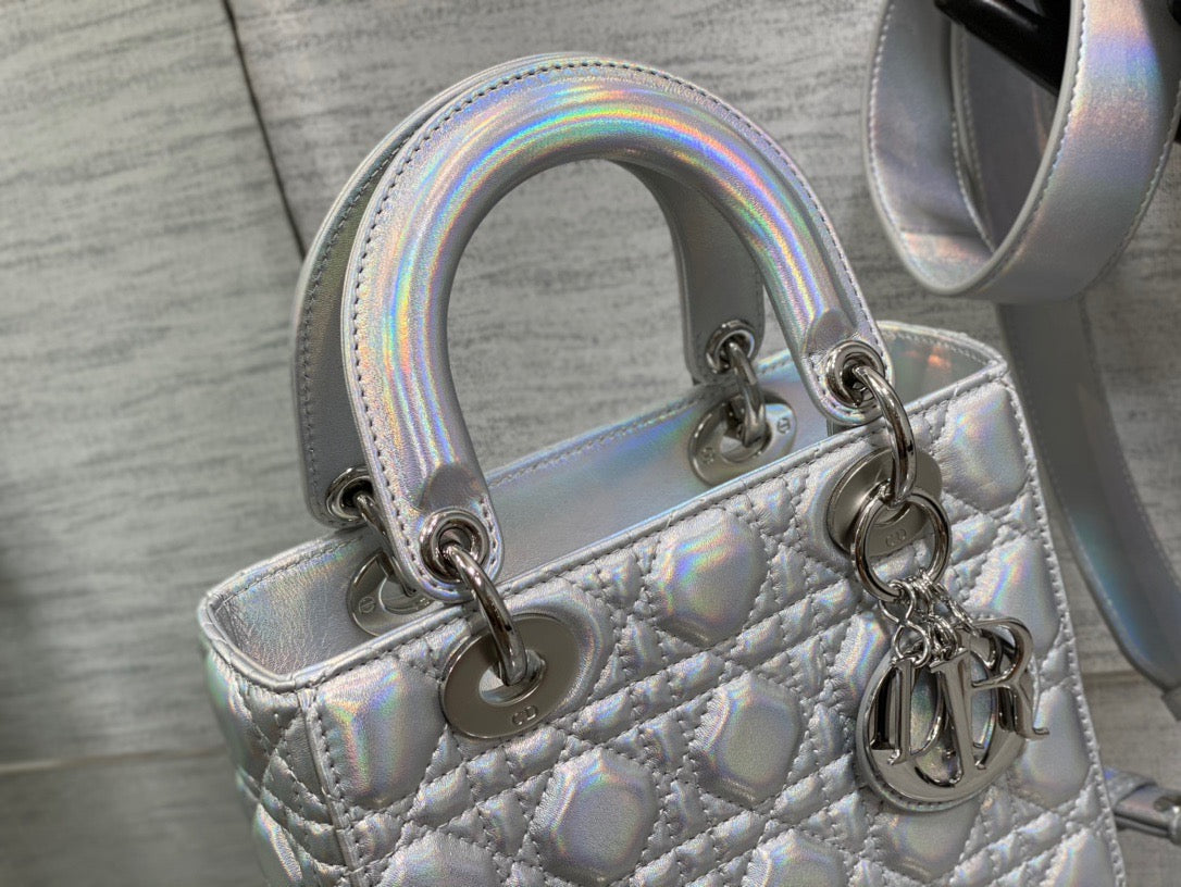 Dior Small Lady  Bag In Silver Cannage Lambskin