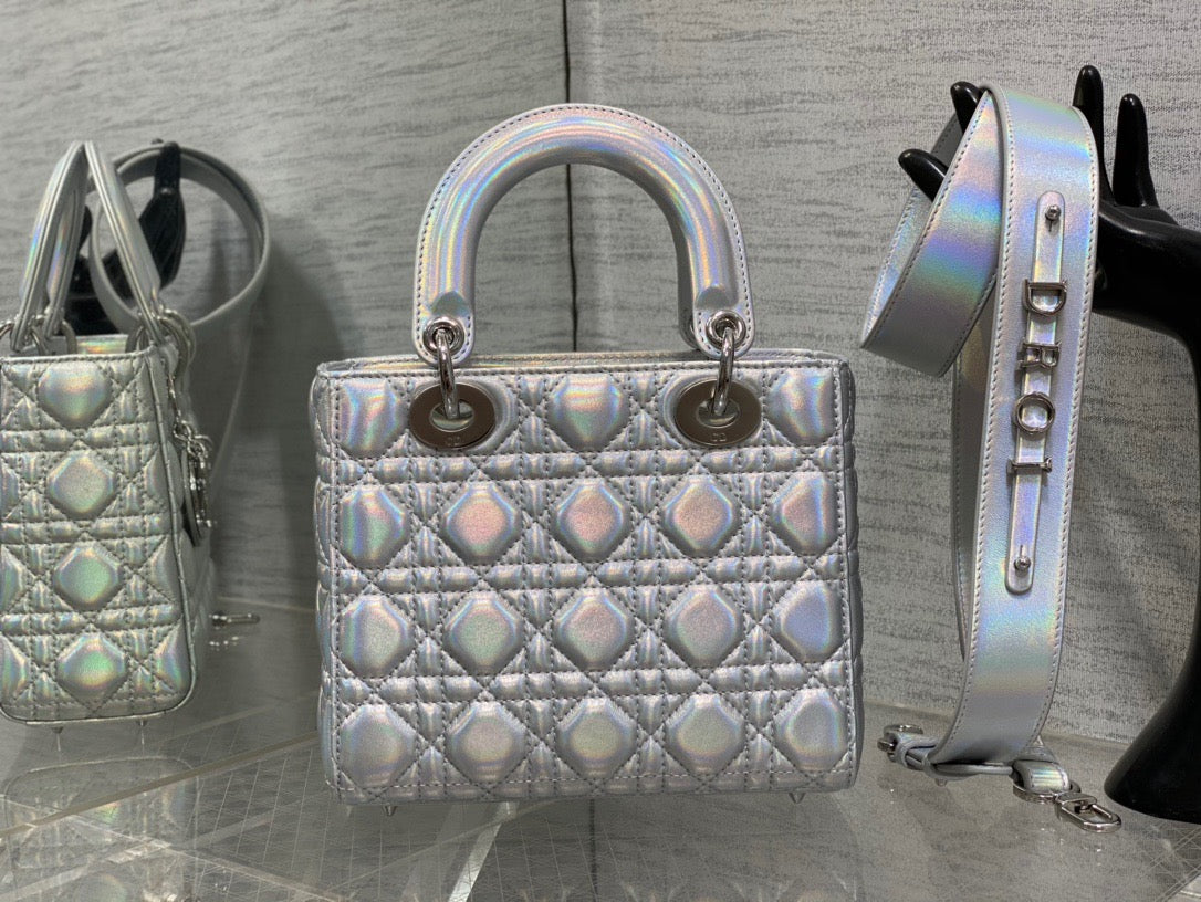 Dior Small Lady  Bag In Silver Cannage Lambskin