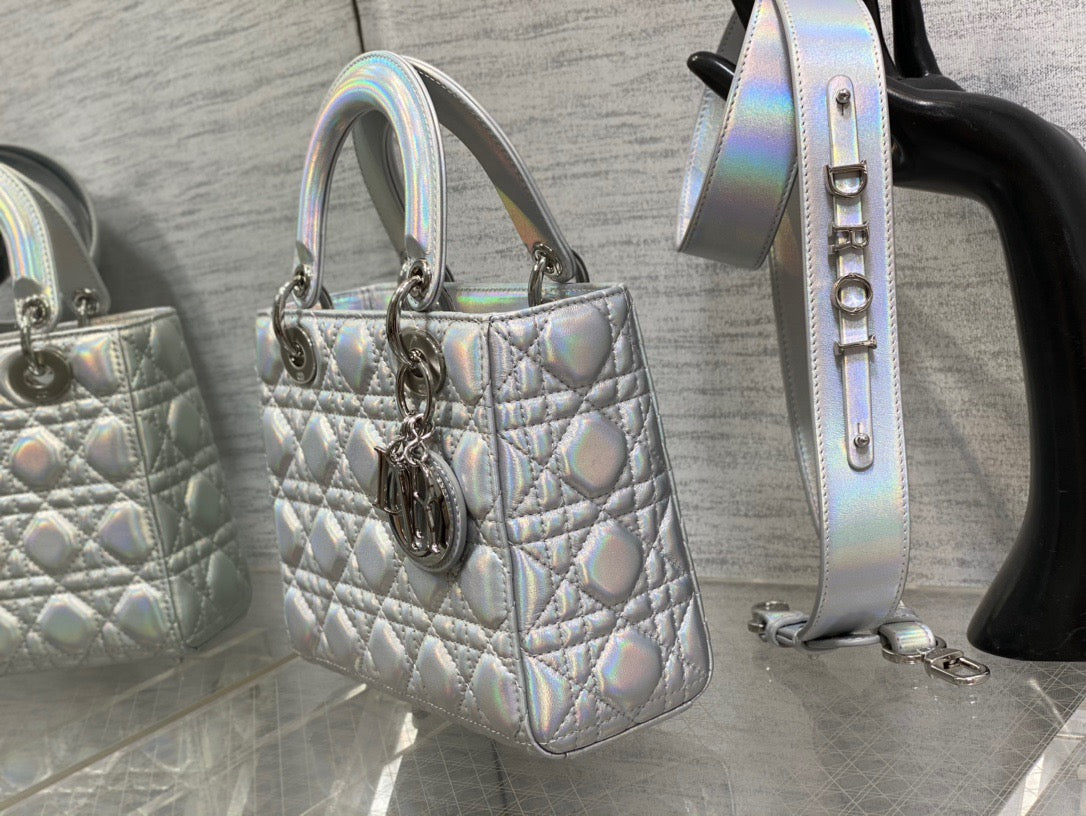 Dior Small Lady  Bag In Silver Cannage Lambskin