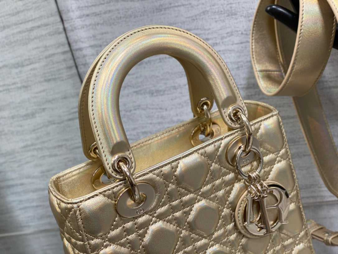 Dior Small Lady  Bag In Gold Cannage Lambskin