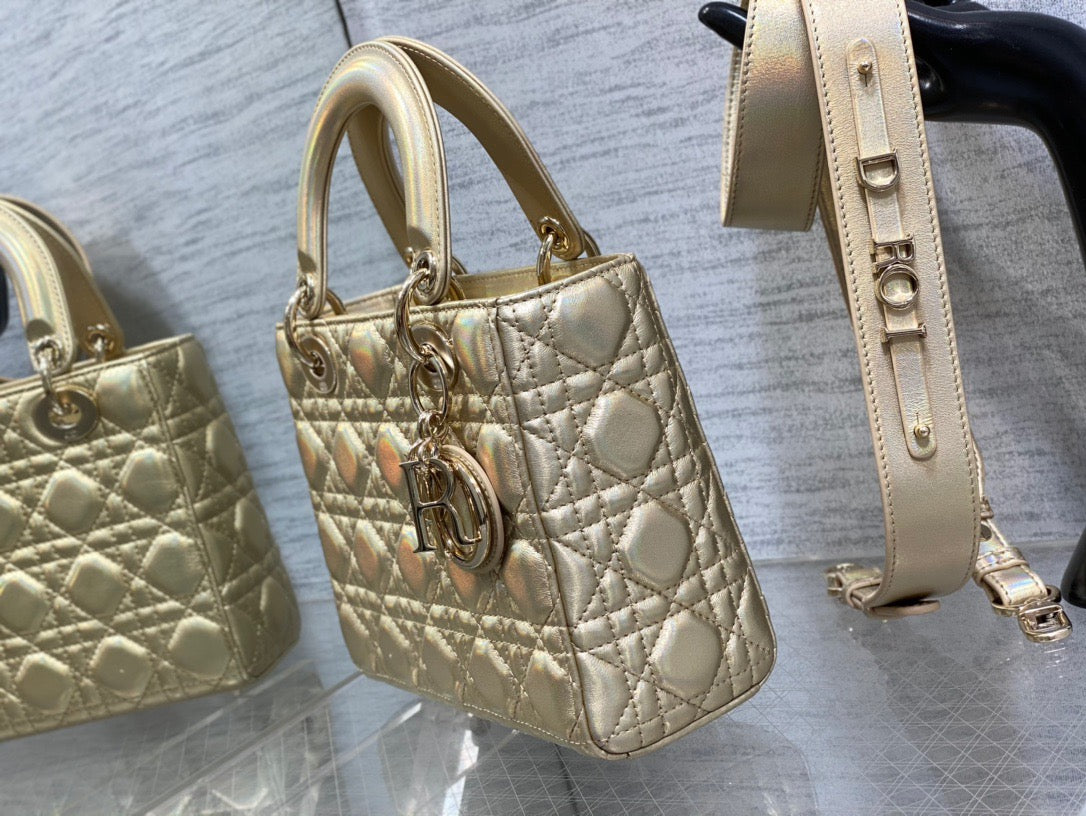 Dior Small Lady  Bag In Gold Cannage Lambskin