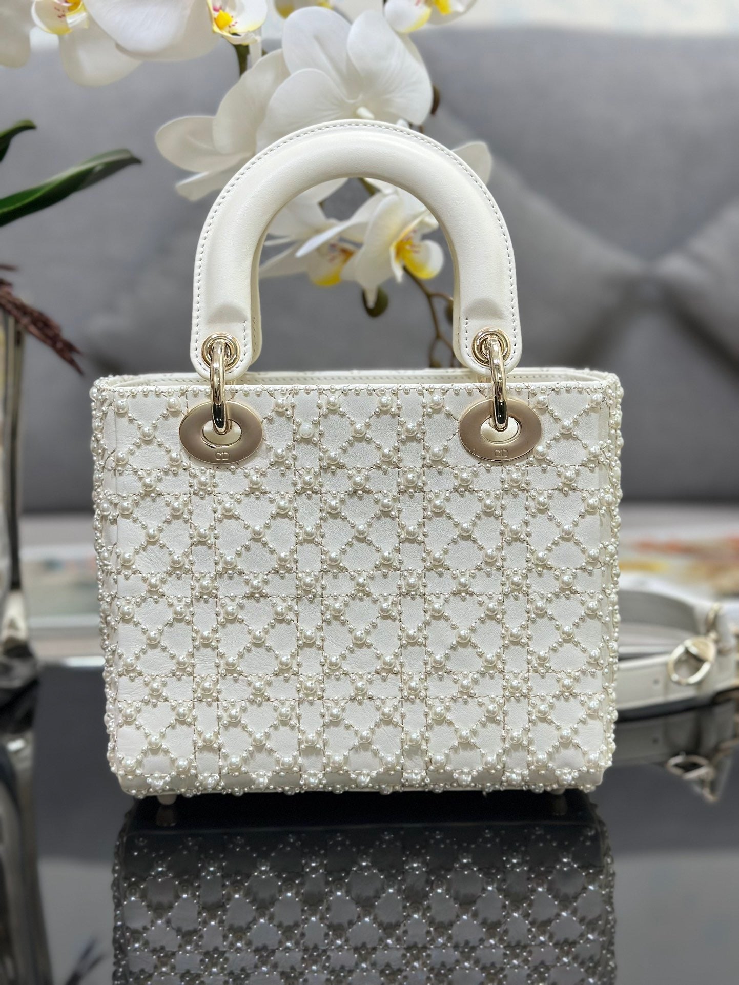 Dior Small Lady In White Pearl Princess Diana Bag With Lambskin