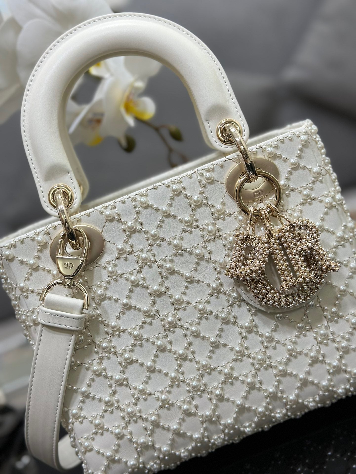 Dior Small Lady In White Pearl Princess Diana Bag With Lambskin