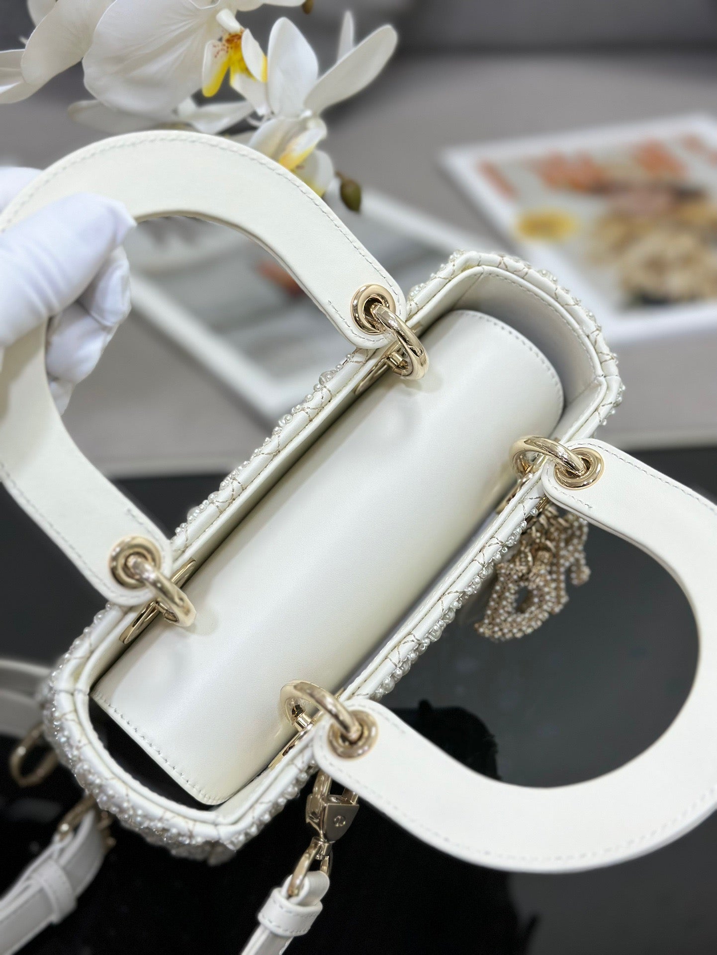 Dior Small Lady In White Pearl Princess Diana Bag With Lambskin