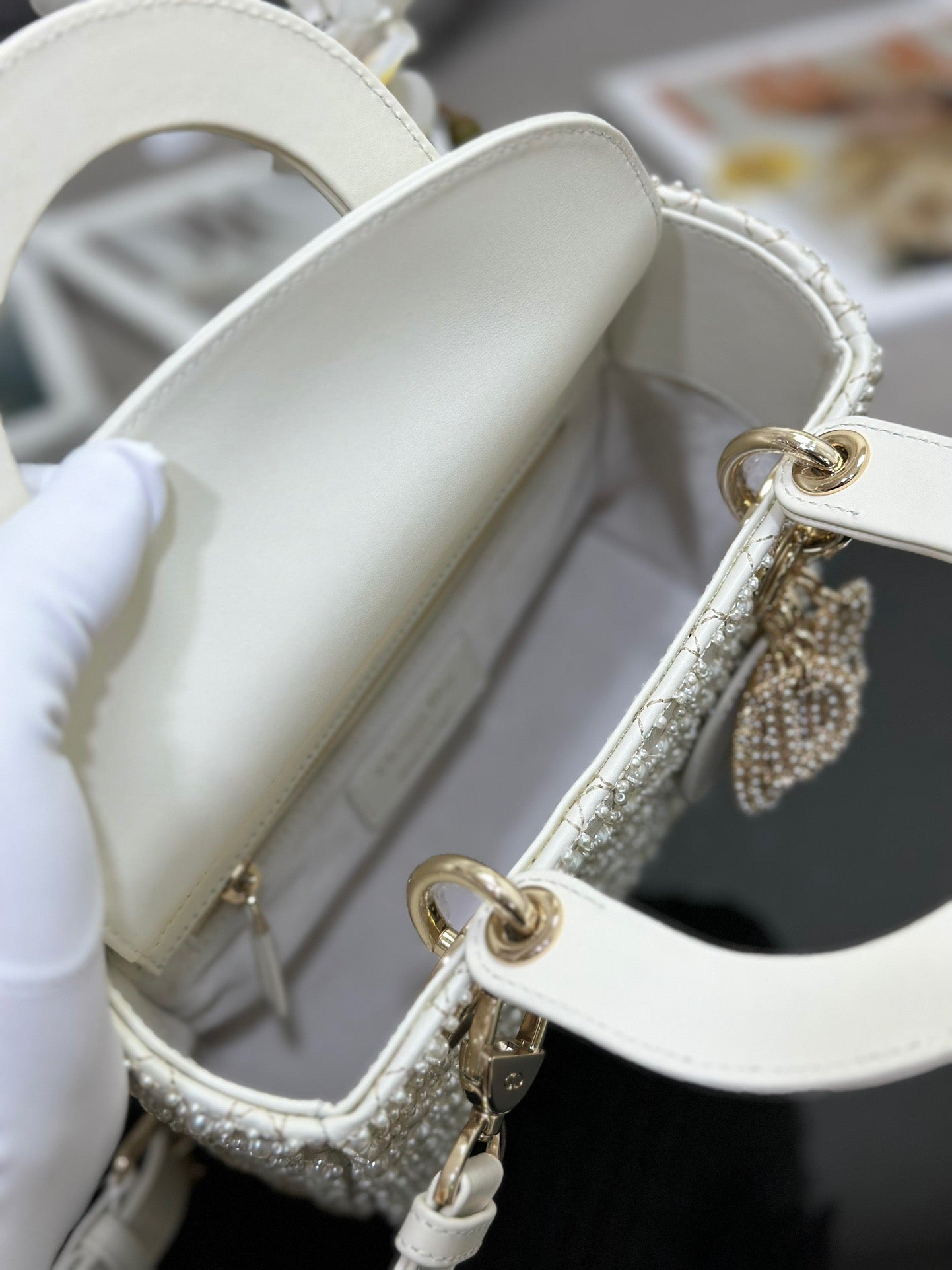 Dior Small Lady In White Pearl Princess Diana Bag With Lambskin