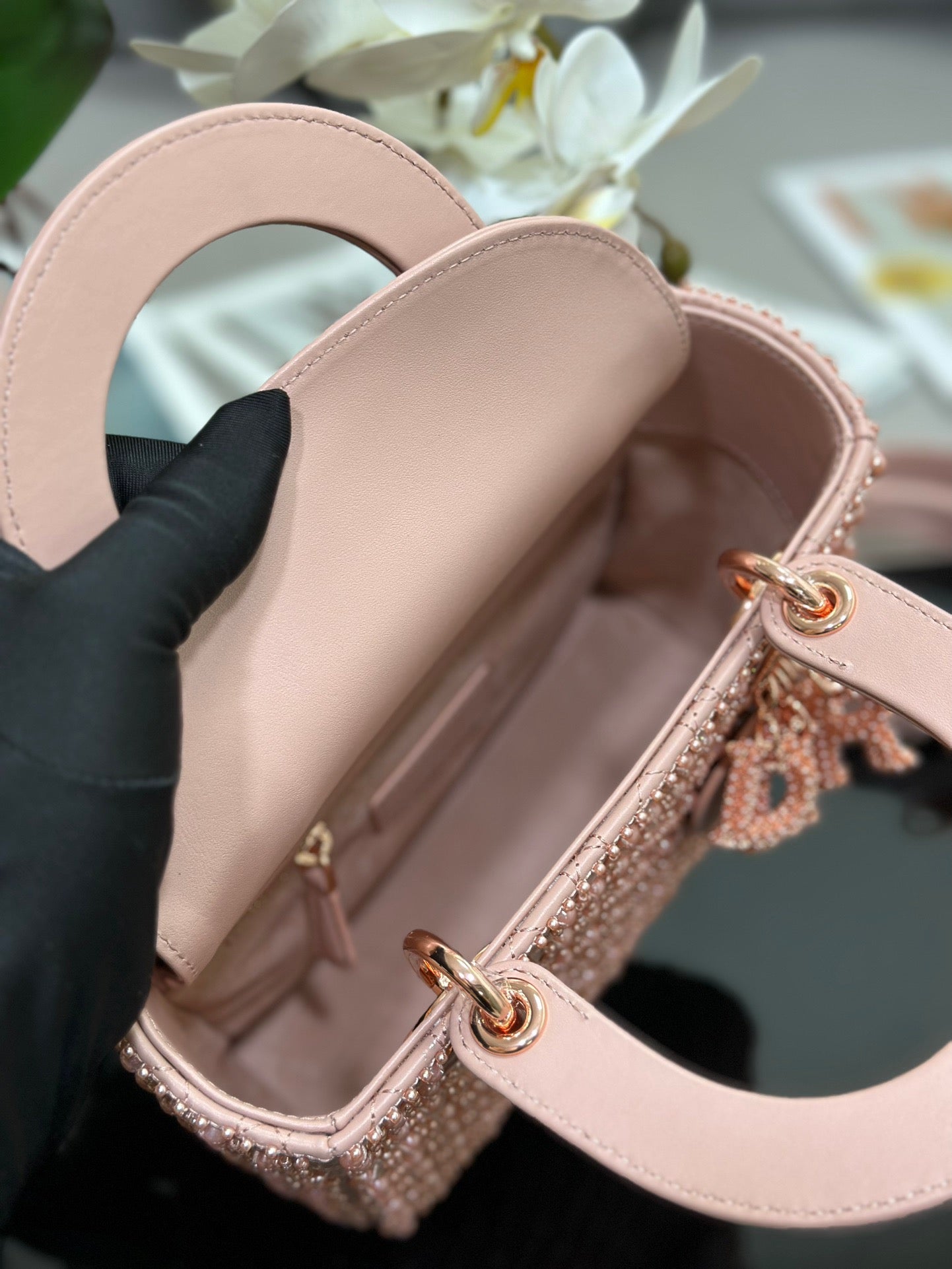 Dior Small Lady In Pink Pearl Princess Diana Bag With Lambskin