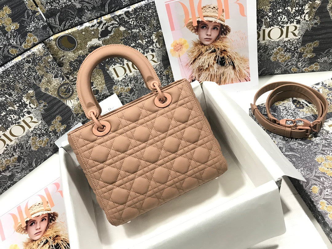 Dior Lady Medium Bag In Bean Paste Powder Cannage Lambskin