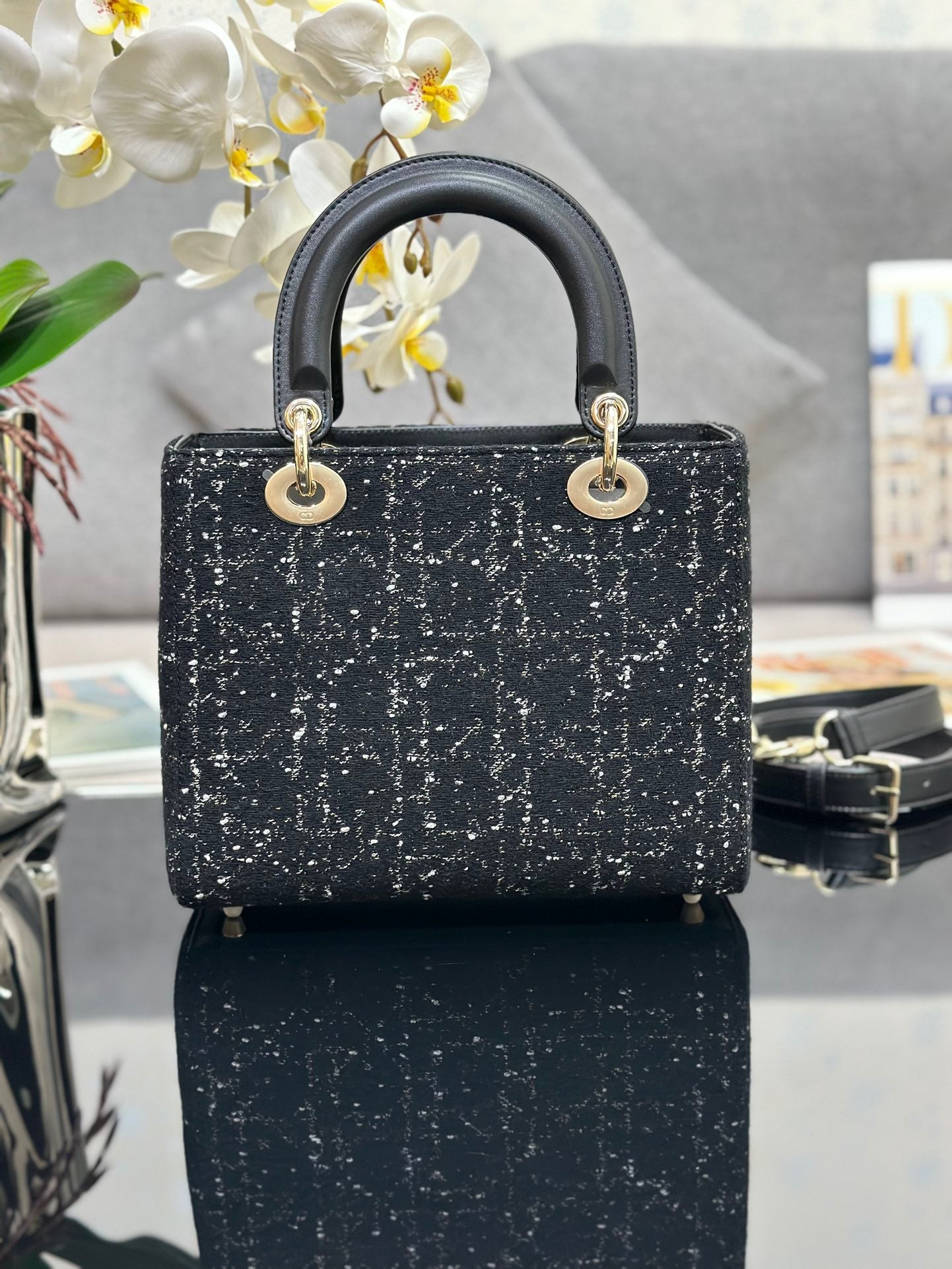 Dior Lady Medium Bag In Black Small Fragrant Style Rhombus Wool