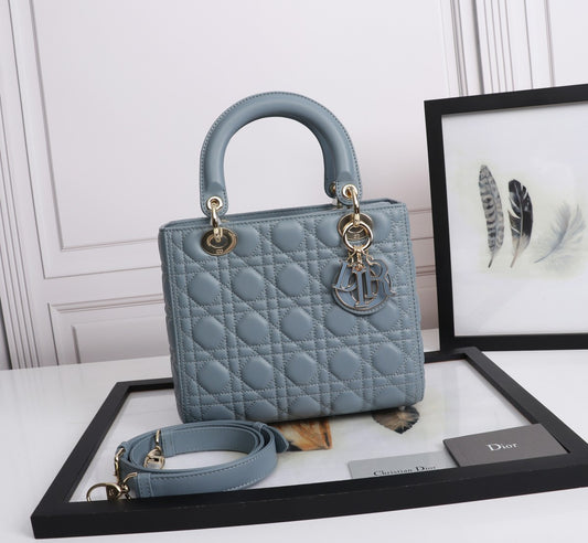 Dior Lady Medium Bag In Haze Blue Cannage Lambskin