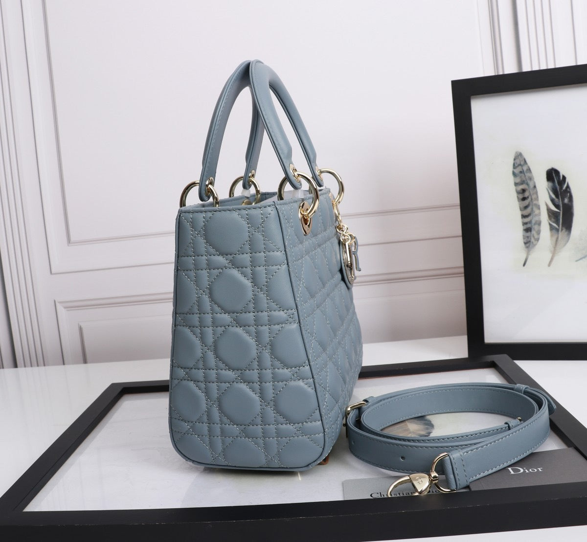 Dior Lady Medium Bag In Haze Blue Cannage Lambskin