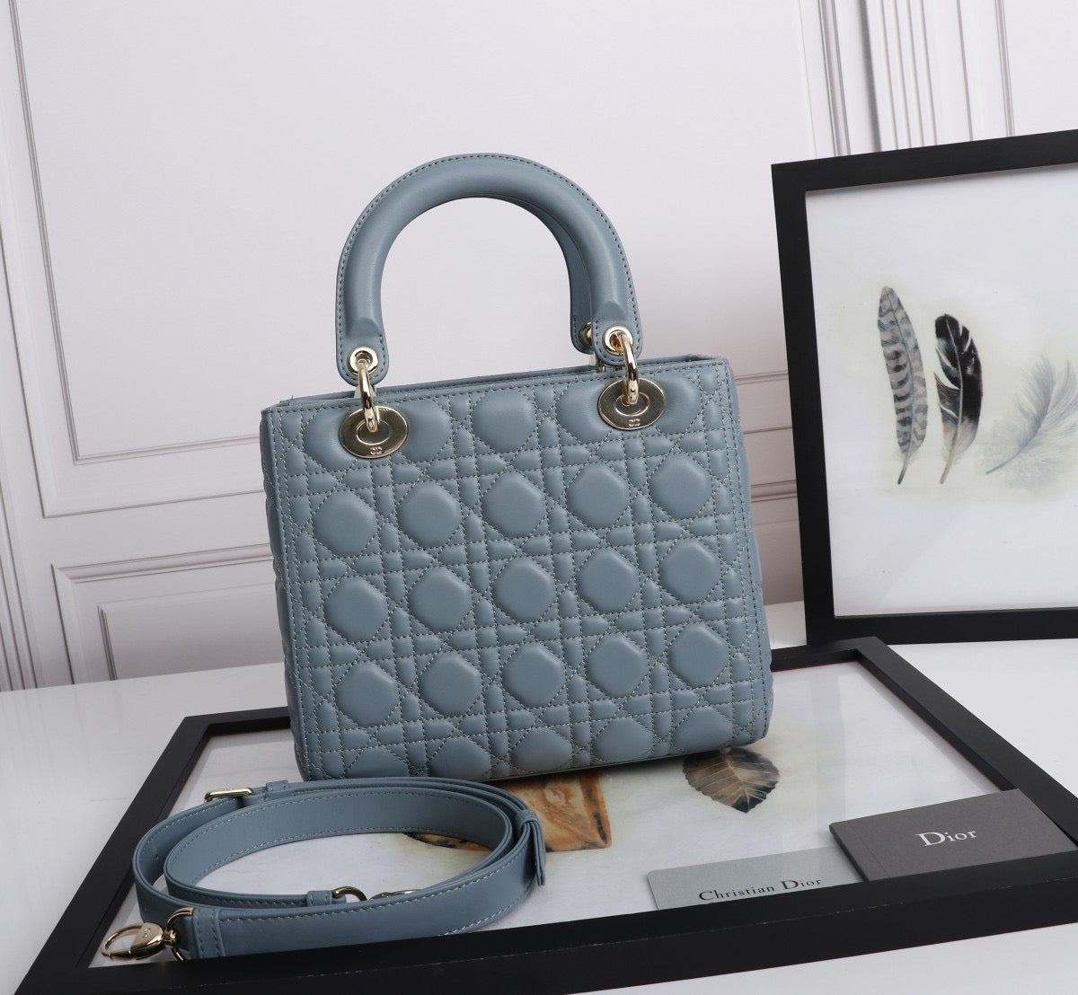 Dior Lady Medium Bag In Haze Blue Cannage Lambskin