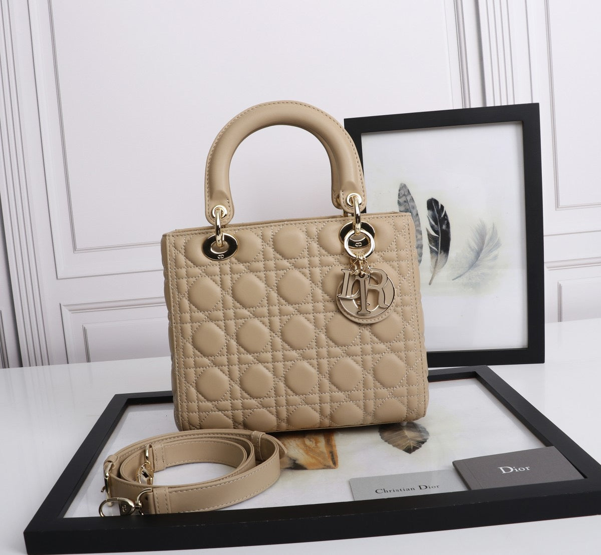 Dior Lady Medium Bag In Beige Cannage Lambskin