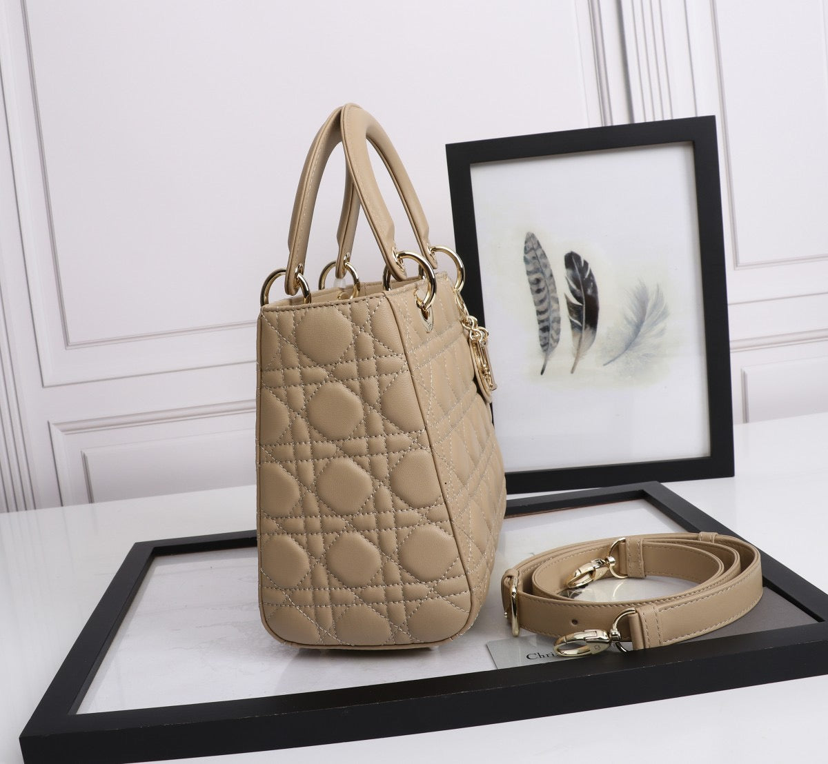 Dior Lady Medium Bag In Beige Cannage Lambskin