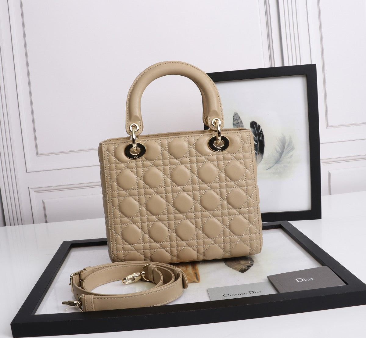 Dior Lady Medium Bag In Beige Cannage Lambskin