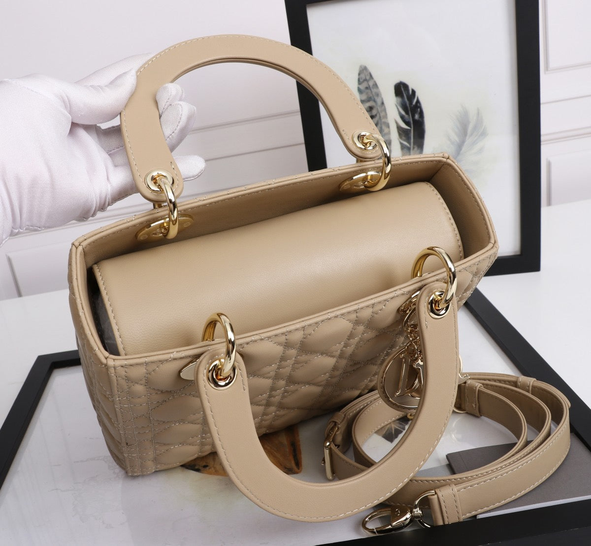 Dior Lady Medium Bag In Beige Cannage Lambskin