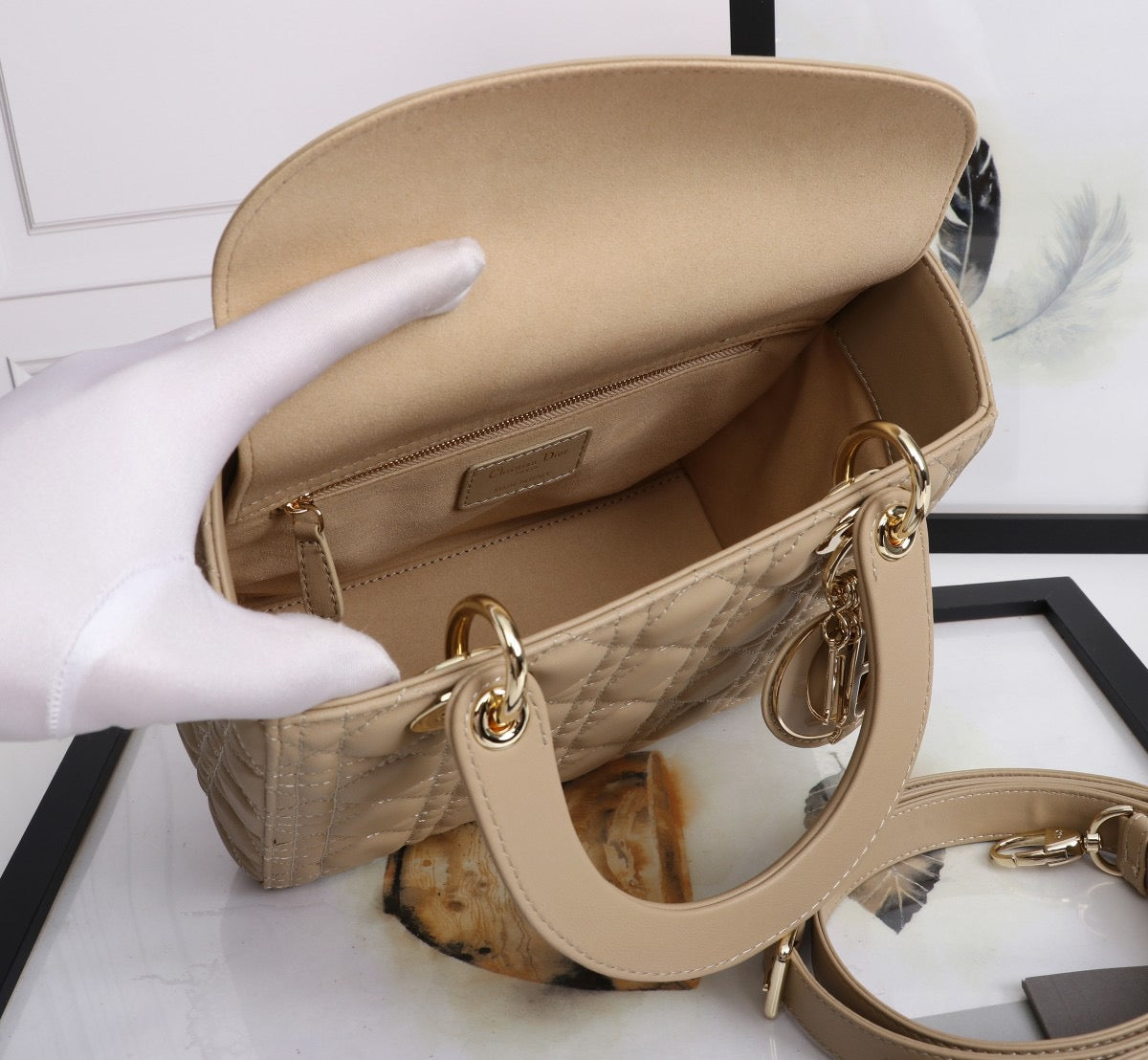 Dior Lady Medium Bag In Beige Cannage Lambskin