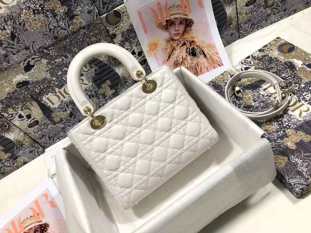 Dior Lady Medium Bag In White Cannage Lambskin