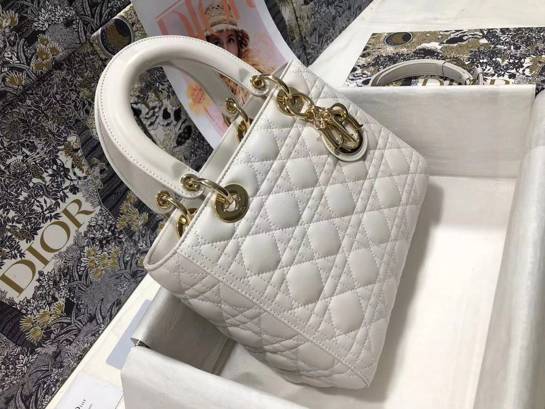 Dior Lady Medium Bag In White Cannage Lambskin