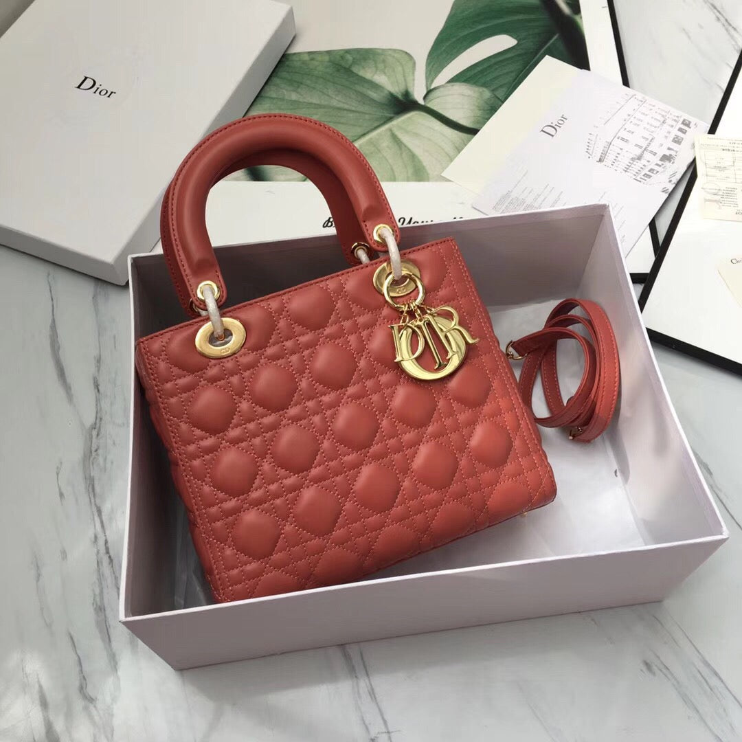 Dior Lady Medium Bag In Orange Cannage Lambskin