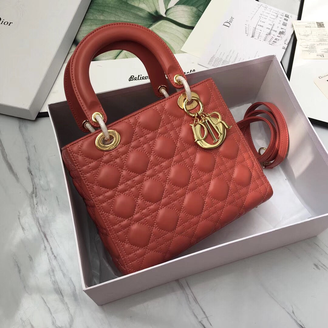 Dior Lady Medium Bag In Orange Cannage Lambskin