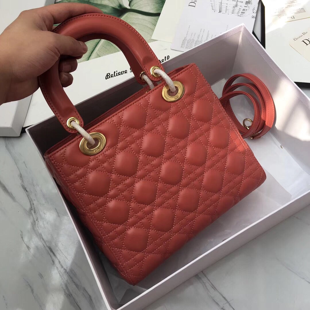 Dior Lady Medium Bag In Orange Cannage Lambskin