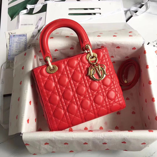 Dior Lady Medium Bag In Red Cannage Lambskin