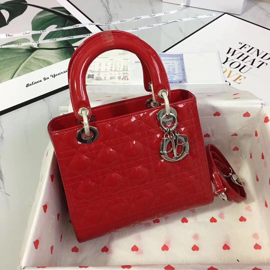 Dior Lady Medium Chain Bag Silver Hardware in Red Patent Calfskin