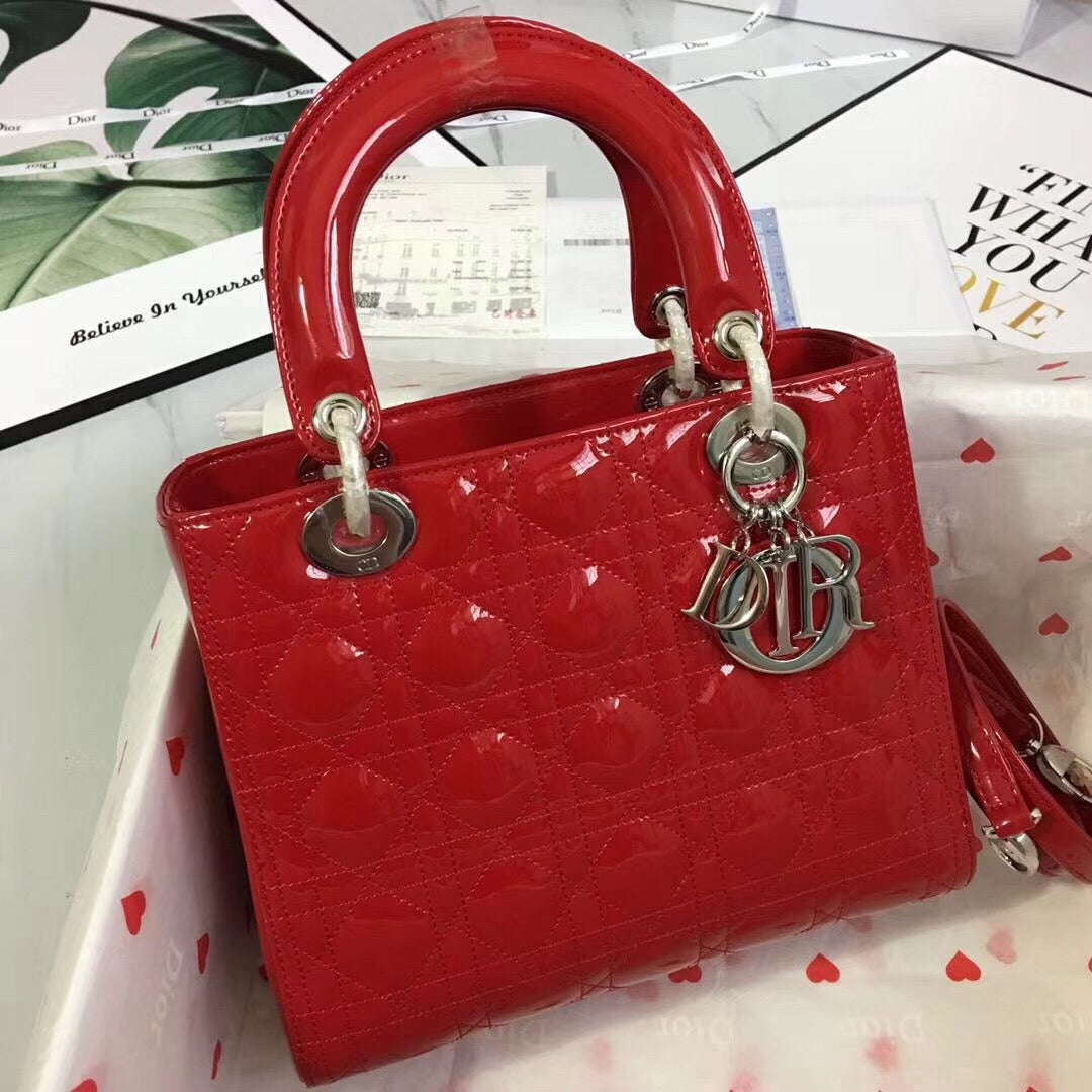 Dior Lady Medium Chain Bag Silver Hardware in Red Patent Calfskin