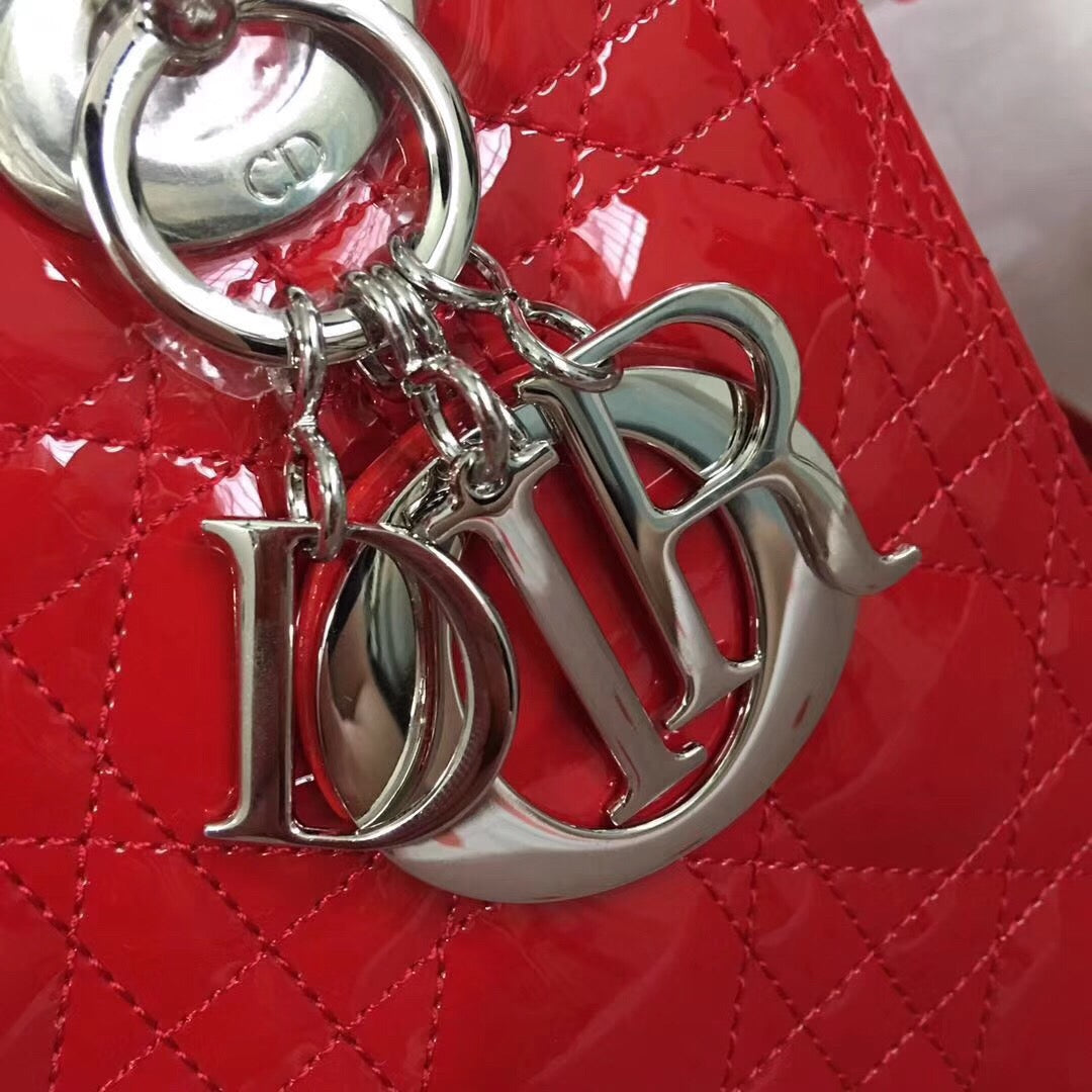 Dior Lady Medium Chain Bag Silver Hardware in Red Patent Calfskin