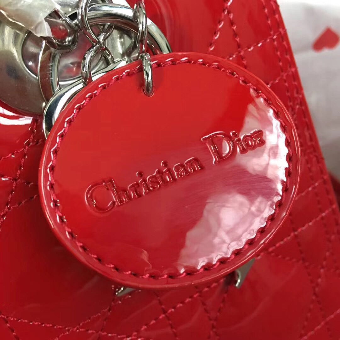 Dior Lady Medium Chain Bag Silver Hardware in Red Patent Calfskin