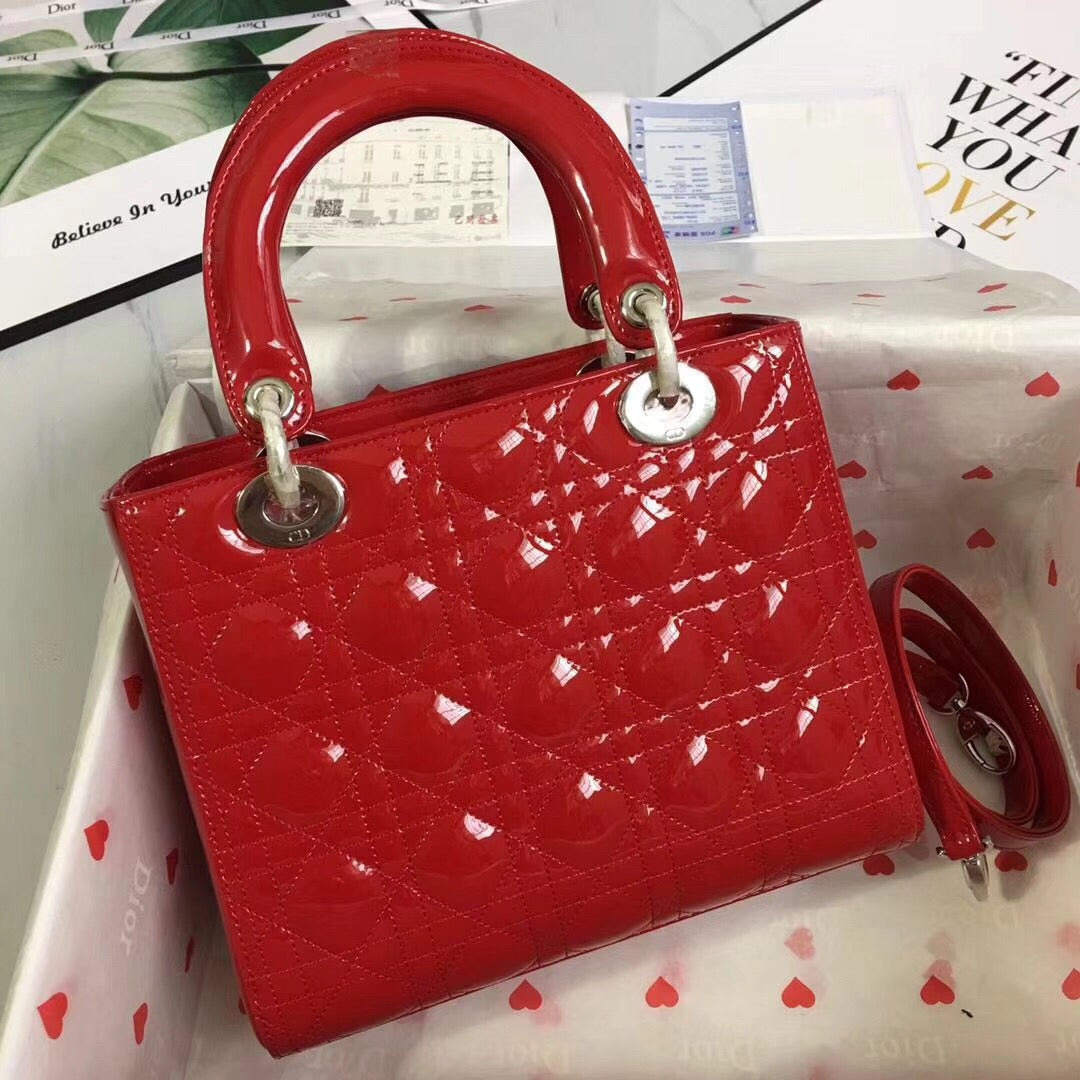 Dior Lady Medium Chain Bag Silver Hardware in Red Patent Calfskin