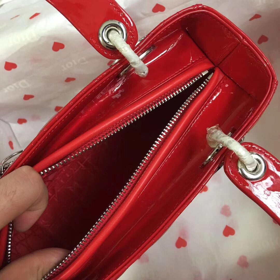 Dior Lady Medium Chain Bag Silver Hardware in Red Patent Calfskin